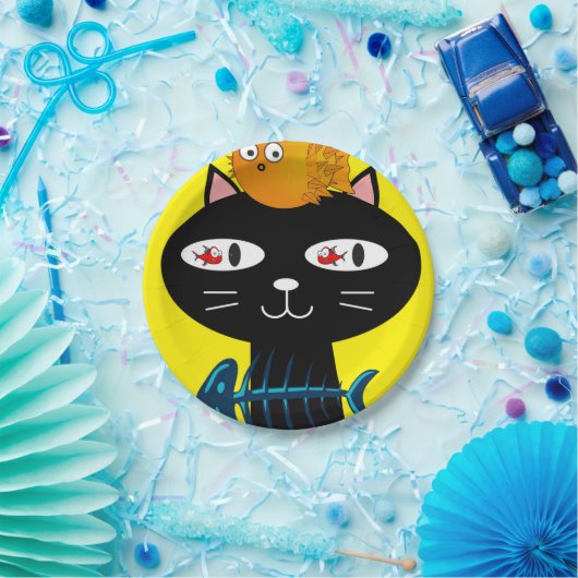 Teller, schwarze Katzenkätzchen, gelb Pappteller (Party)