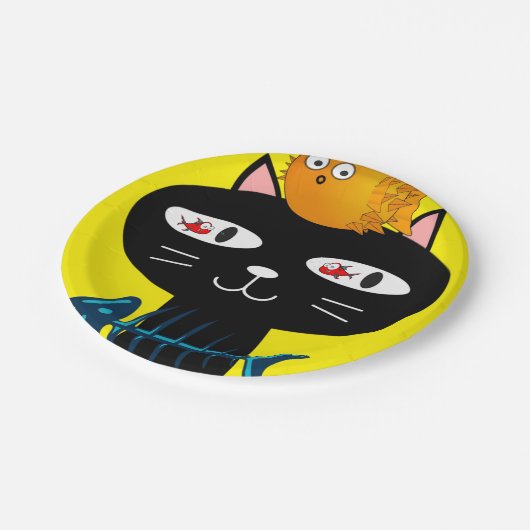 Teller, schwarze Katzenkätzchen, gelb Pappteller (Schrägansicht)
