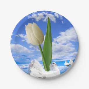 Teller, Tulip Floral White Birds Pappteller