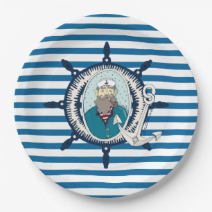 Teller von Sea Captain Blue und White Strip Paper