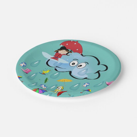 Teller, Wolkenpinguin, Roter Schirm Pappteller (Schrägansicht)