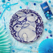 Teller zum Blumendesign in Blau und Weißkaninchen (Party)