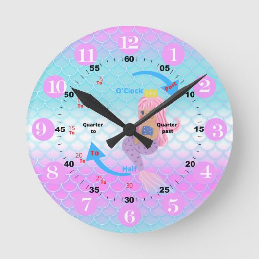 Telling Time Mermaid Clock Runde Wanduhr (Vorderseite)