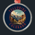 Telluride Colorado Retro Distressed Circle Ornament Aus Metall<br><div class="desc">Telluride retro vector travel design in an emblem style. Telluride,  a former Victorian mining town in Colorado’s Rocky Mountains,  is set in a box canyon amid forested peaks at the base of a popular ski-and-golf resort.</div>