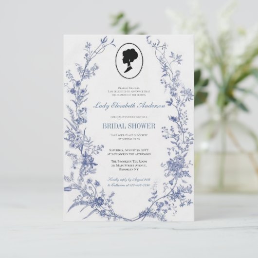 Tema del puente floral azul, regencia del té nupci einladung (Stehend Vorderseite)