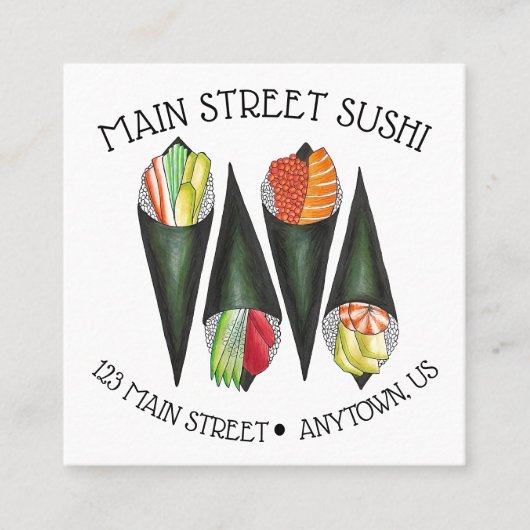 Temaki Sushi Hand Roll Japanisches Restaurant Quadratische Visitenkarte (Vorderseite)