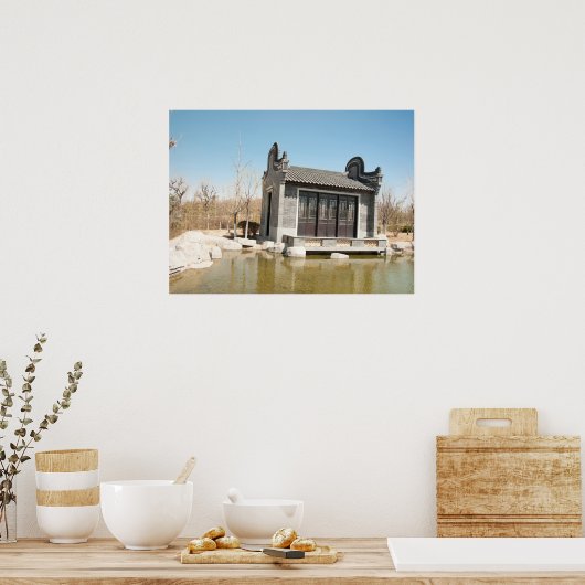 Tempel im Wasser mit blauem Himmel Poster (Küche)