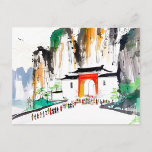 Tempel mit Menschen in bergiger Landschaft Postkarte