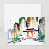 Tempel mit Menschen in der Bergwelt Postkarte (Vorne/Hinten)