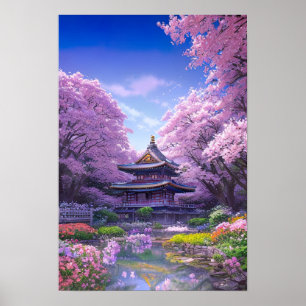 Tempel umgeben von Sakura-Bäumen Poster