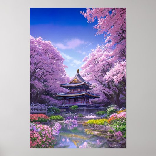 Tempel umgeben von Sakura-Bäumen Poster (Vorne)