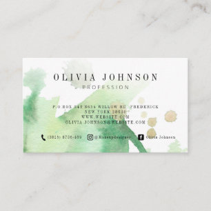 Template Business Cards Green Gold Watercolor Art Visitenkarte