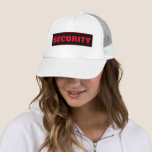 Template fett Schriftart Big Text Womens Mens Secu Truckerkappe<br><div class="desc">Custom Add Image Company Logo fett Schriftart Grosser Text hier Modernes elegantes Template Herren's Women's Unisex Security Mitglied Schwarz / Rot / Weiß Baseball Cap / Trucker Hat.</div>