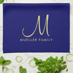 Template Gold Monogram Family Name Navy Blau Geschirrtuch