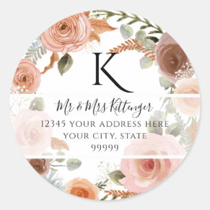 TEMPLATE Monogramm Rücksendeadresse Floral Blush Runder Aufkleber