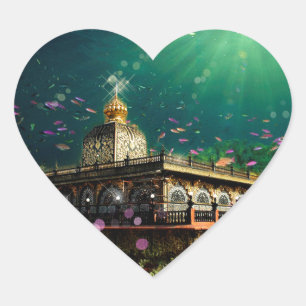 Temple Coral Reef Wasser Fantasy grünes Gold Herz-Aufkleber