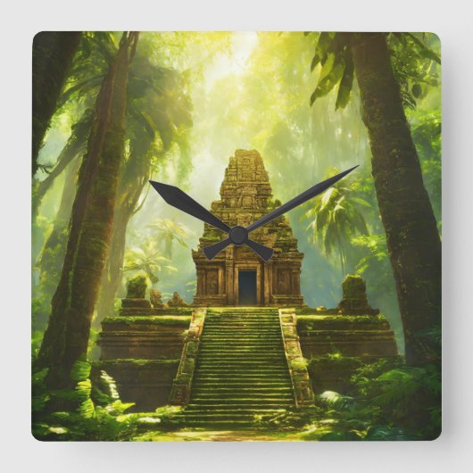 "Temple Ruins in einem hellen sonnigen Dschungel Quadratische Wanduhr (Vorderseite)