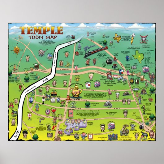 Temple Texas Cartoon Map Poster (Vorne)