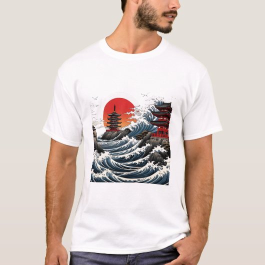 Temple Wave Art - Ukiyo-e Japanese Sunset Design T-Shirt (Vorderseite)