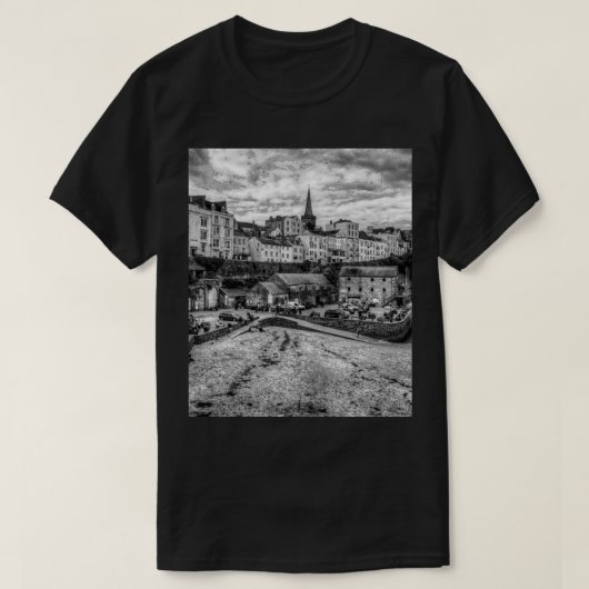 Tenby North Beach Schwarz und Weiß T-Shirt (Design vorne)