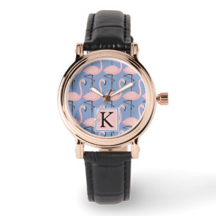 Tender Flamingo Muster   Monogramm Armbanduhr