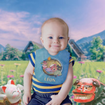 Tengu & Lion Dance Cats Baby Bib - Blau