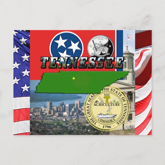Tennessee Karte, Flagge, Staat Siegel und Bilder Postkarte (Vorderseite)