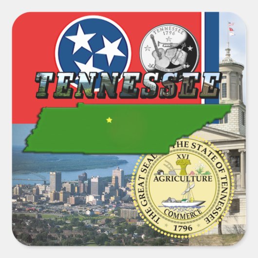 Tennessee Karte, Flagge, Staat Siegel und Bilder Quadratischer Aufkleber (Vorderseite)