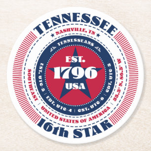 Tennessee Red White Blue Typografie Runder Pappuntersetzer