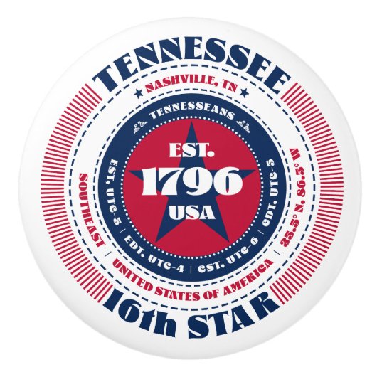 Tennessee US Staat Red White Blue Typografie Keramikknauf (Vorderseite)