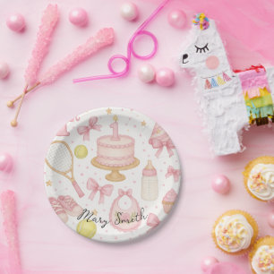 Tennis 1. Geburtstag eines kleinen Mädchen pinkfar Pappteller