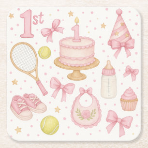 Tennis 1. Geburtstag eines kleinen Mädchen pinkfar Rechteckiger Pappuntersetzer