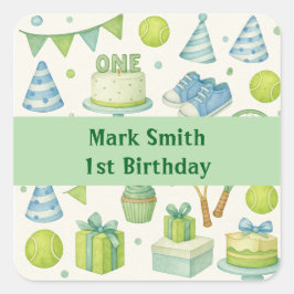 Tennis 1. Geburtstag für Jung Blau und Grün Thema Quadratischer Aufkleber