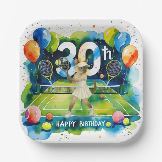 Tennis 30. Geburtstag für siamesische Katzen-Liebh Pappteller (Vorderseite)
