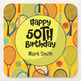 Tennis 50. Geburtstag mit Namen auf Racket Thema Rechteckiger Pappuntersetzer