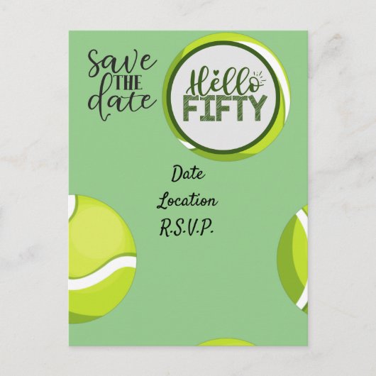 Tennis 50. Geburtstag Save the Date Postkarte (Vorderseite)