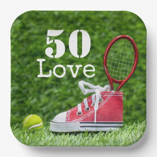 Tennis 50. Geburtstag Tennisball und Liebe Pappteller (Vorderseite)