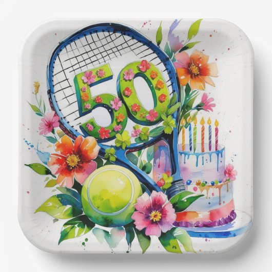 Tennis 50. Geburtstag Tennisball und Nummer Pappteller (Vorderseite)