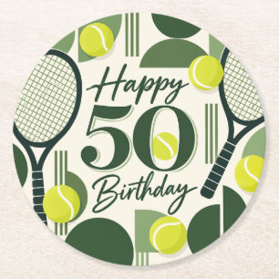 Tennis 50. Geburtstag Tennisball und Zahl  Runder Pappuntersetzer