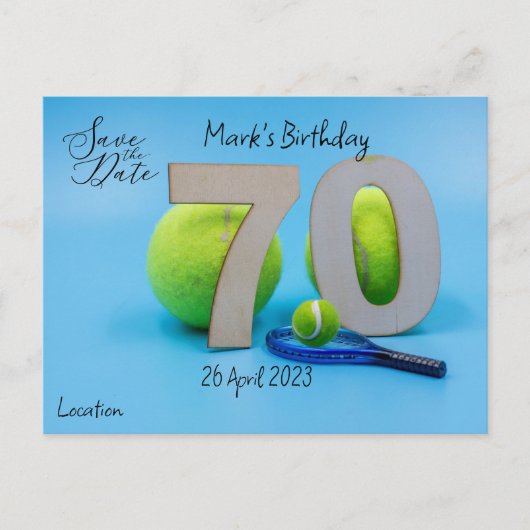 Tennis 70. Geburtstag Save the Date Postkarte (Vorderseite)