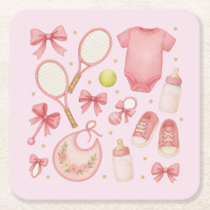 Tennis Baby Girl in rosa Thema mit Schläger Rechteckiger Pappuntersetzer