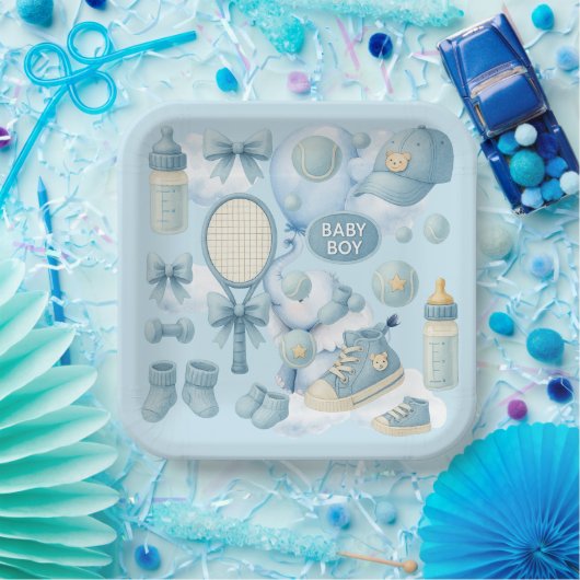 Tennis Baby Shower for Baby Boy Blue themed Pappteller (Party)