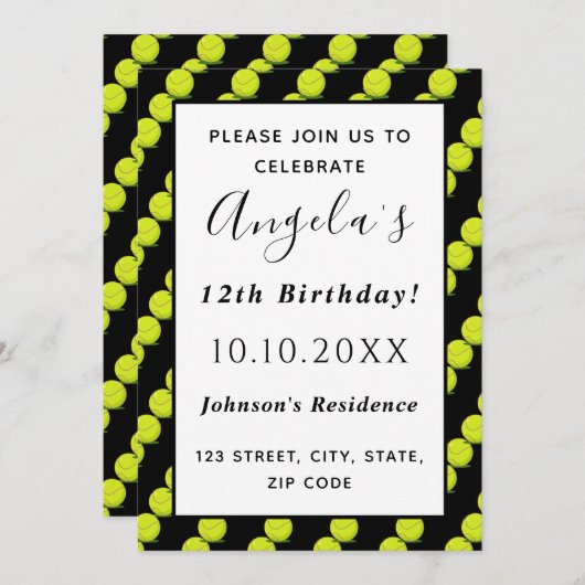 Tennis Ball Cooles Muster Trainer Party Schwarz Einladung (Vorne/Hinten)