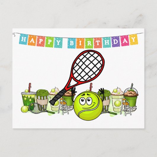 Tennis Ball Funny Face mit dem Wort Happy Birthday Postkarte (Vorderseite)