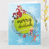Tennis Ball hinter Santa Claus Frohe Weihnachten Karte (Gelbe Blume)