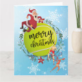 Tennis Ball hinter Santa Claus Frohe Weihnachten Karte (Vorderseite)