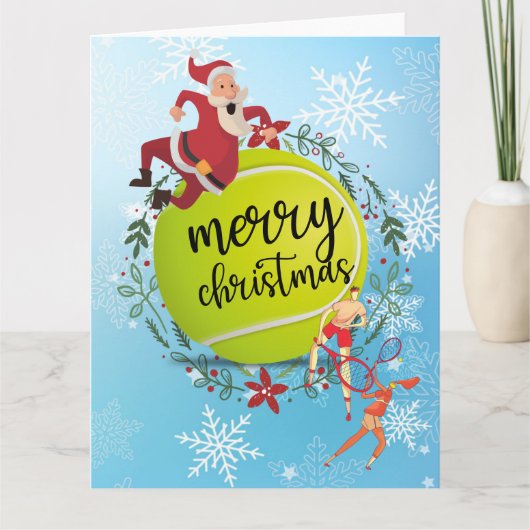 Tennis Ball hinter Santa Claus Frohe Weihnachten Karte (Vorderseite)