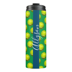 Tennis Ball Muster, Weißer Name Ozean Blau & Grün Thermosbecher