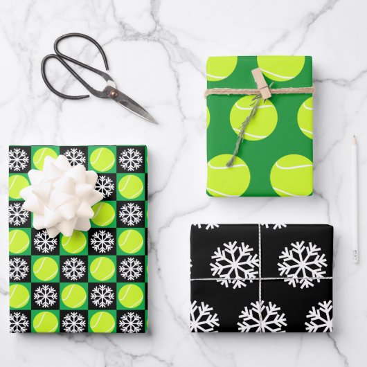 Tennis Ball und Snowflake Schwarz & Grün Weihnacht Geschenkpapier Set (Vorderseite)