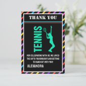 Tennis Birthday Party, Tennis Girl Player Dankeskarte (Stehend Vorderseite)